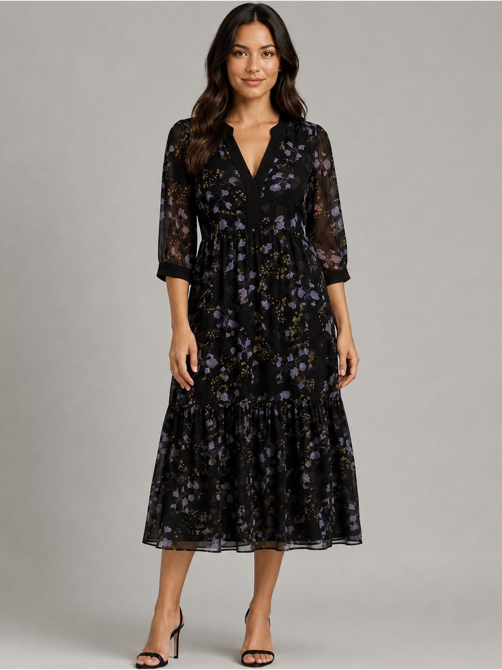 ba&sh Haline Midi Dress X Small Black Purple Floral Sheer V Neck Parisian boho